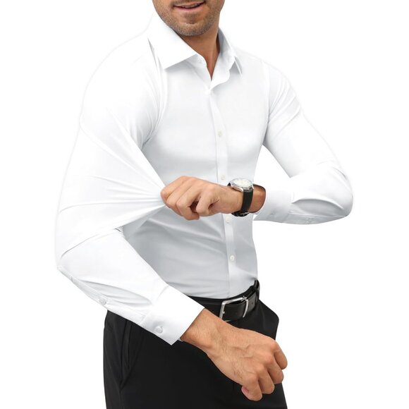 Men All White Long Sleeve Slim Muscle Fit Wrinkle Free Button Down Dress Shirts - Picture 2 of 9